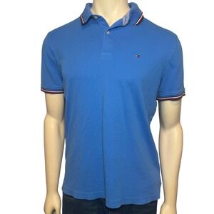Tommy Hilfiger Mens Blue Short Sleeve Polo Shirt Cotton Tipped Collar Logo Large